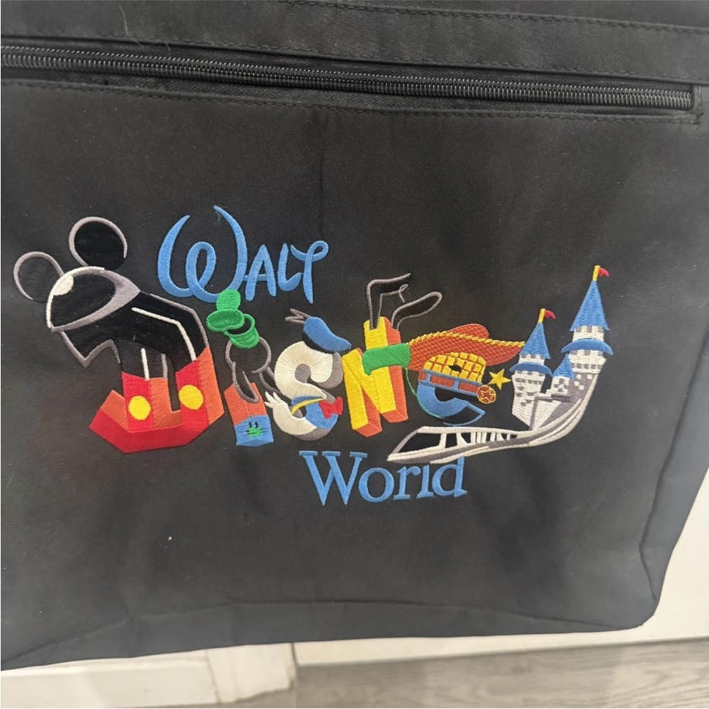 Walt Disney World Embroidered Mickey & Friends Nylon Black Zip Tote Travel Bag